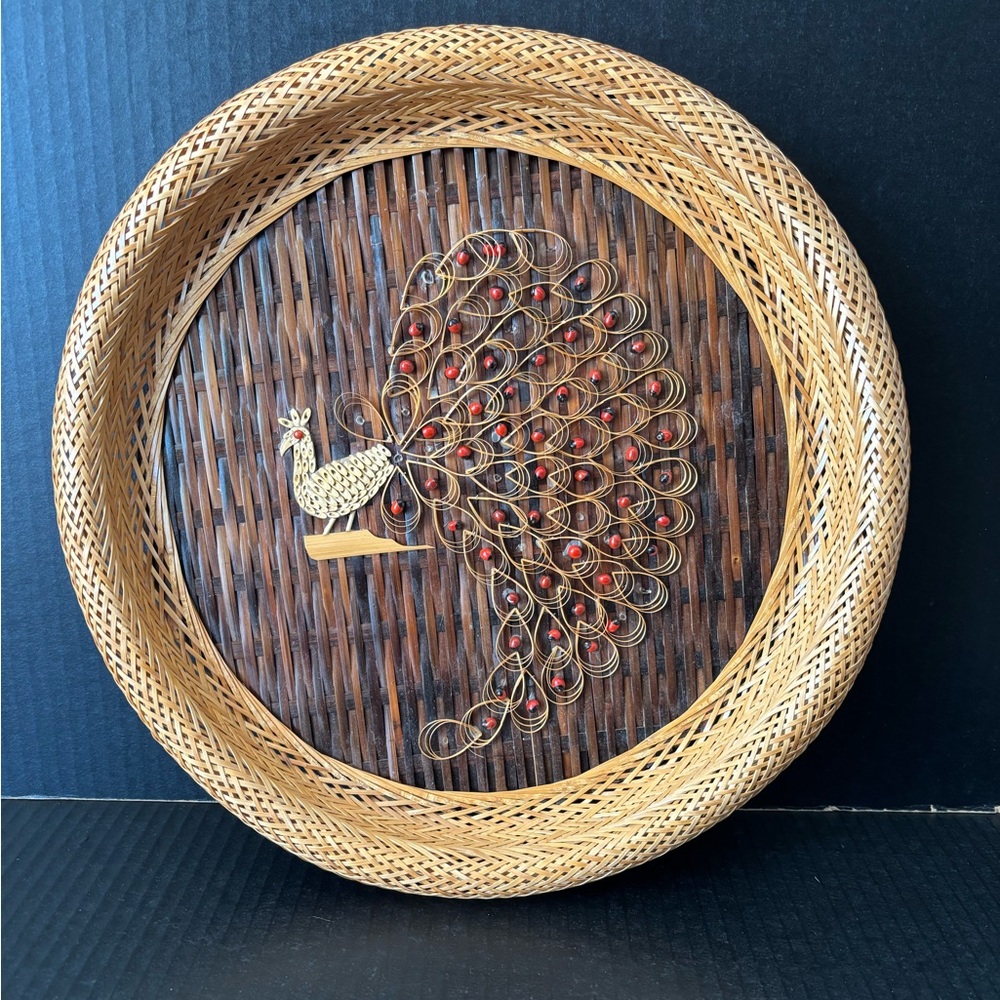 Vintage Wicker Peacock Wall Art Hanging 70’s Boho Ratan Woven
